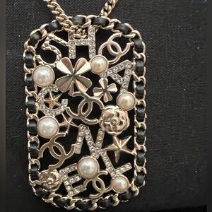 CHANEL Pendant Necklace Clover Lambskin Leather Chain Logo Crystal Mosaic Pearl